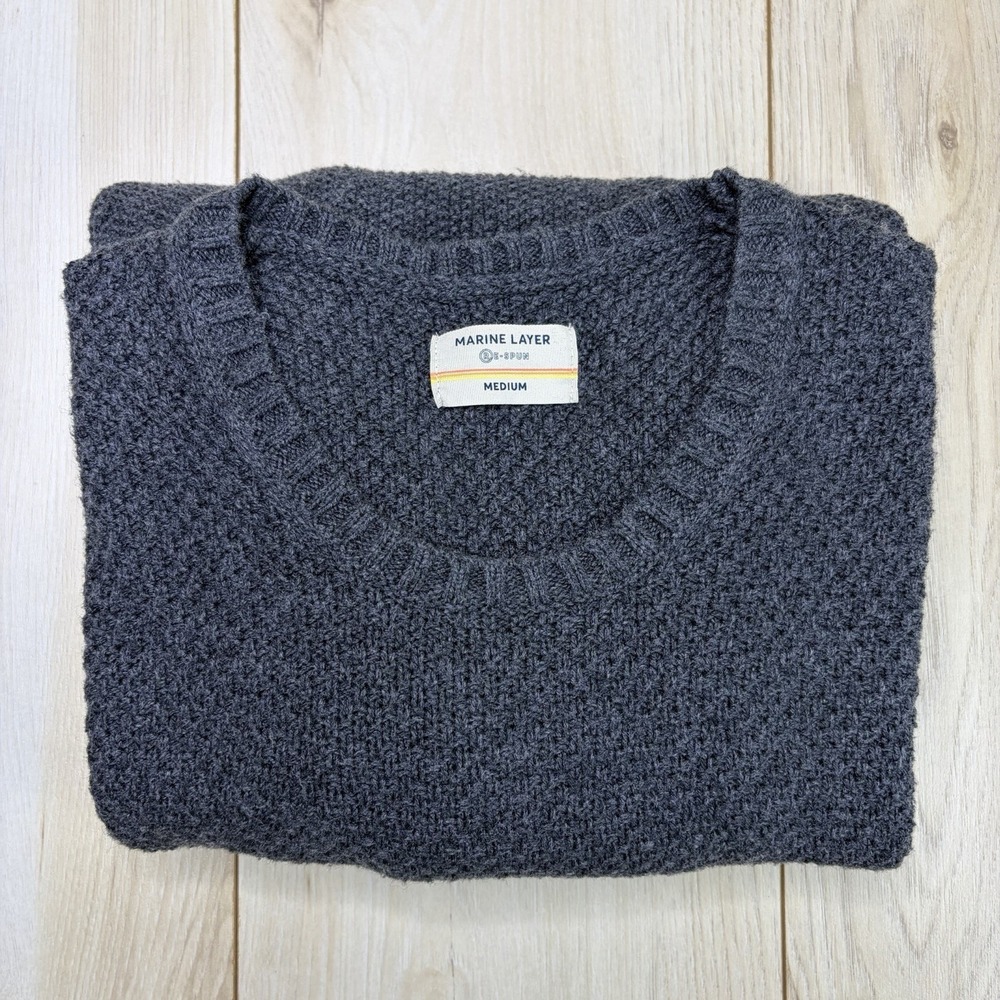 Marine Layer Re-Spun Cotton Wool Sweater Mens Medium Gray Crewneck Rib Textured